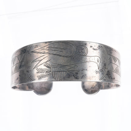 7.25" Antique Haida patriotic eagle/flag carved sterling silver cuff bracelet
