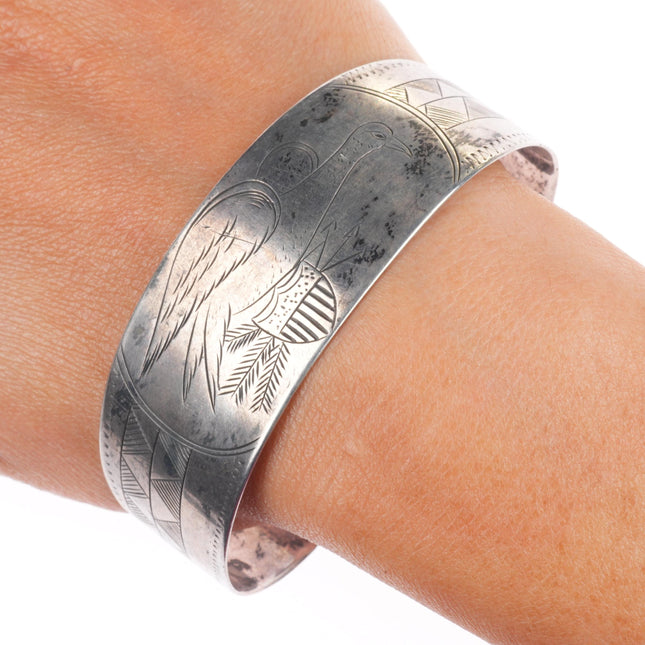7.25" Antique Haida patriotic eagle/flag carved sterling silver cuff bracelet