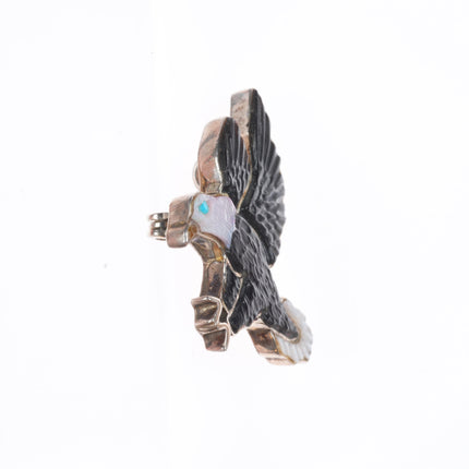 Lonjose Zuni sterling silver carved stone/shell bald eagle pendant/pin