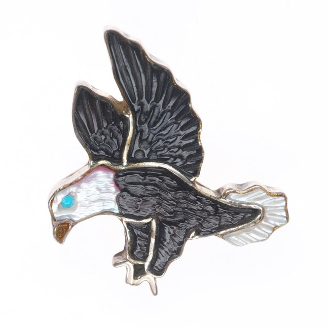 Lonjose Zuni sterling silver carved stone/shell bald eagle pendant/pin
