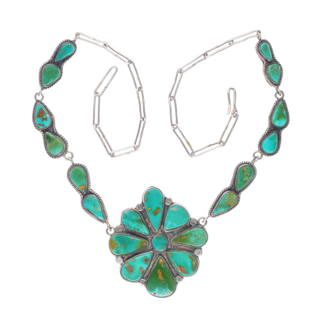 c1950 King's Manassa turquoise Vintage Navajo sterling silver cluster necklace