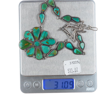 c1950 King's Manassa turquoise Vintage Navajo sterling silver cluster necklace