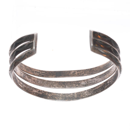 6.4" Vintage Navajo sterling silver 3 band stamped carinated cuff bracelet