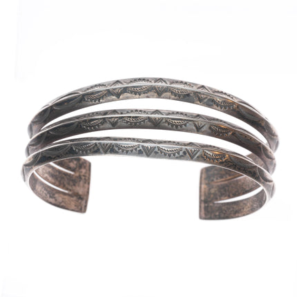6.4" Vintage Navajo sterling silver 3 band stamped carinated cuff bracelet