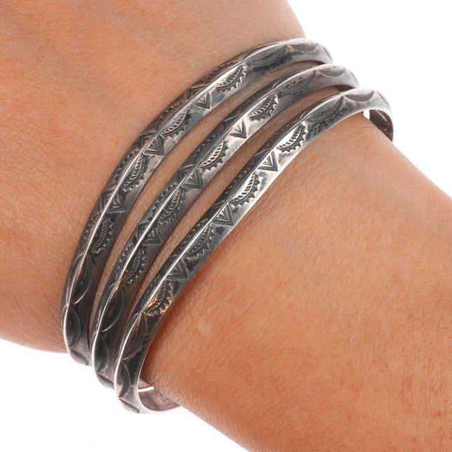 6.4" Vintage Navajo sterling silver 3 band stamped carinated cuff bracelet