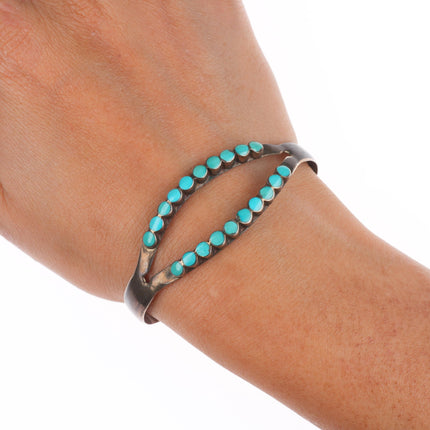 6.3" Vintage Dishta Zuni flush inlay turquoise sterling silver cuff bracelet
