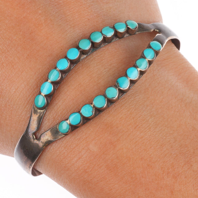 6.3" Vintage Dishta Zuni flush inlay turquoise sterling silver cuff bracelet