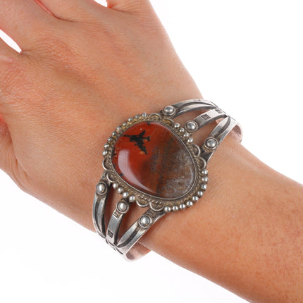 7.1" c1930's Navajo ingot silver petrified wood nicely stamped cuff bracelet