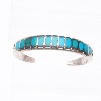 6.25" Vintage Zuni flush inlay turquoise sturdy sterling silver cuff bracelet