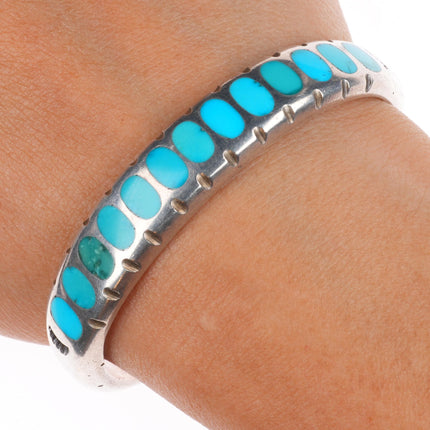 6.25" Vintage Zuni flush inlay turquoise sturdy sterling silver cuff bracelet