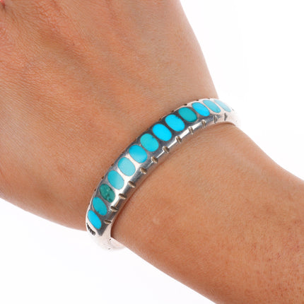 6.25" Vintage Zuni flush inlay turquoise sturdy sterling silver cuff bracelet