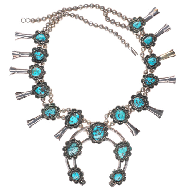 1960's Vintage Navajo sterling silversquash blossom necklace w/nice turquoise