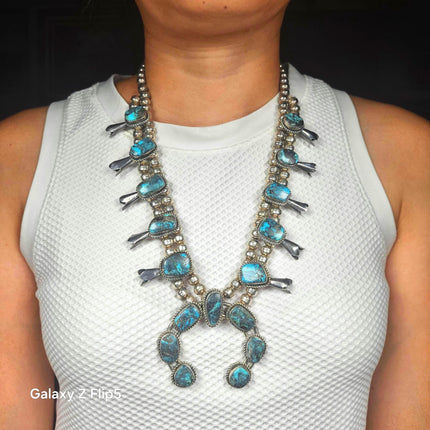 Vintage Navajo sterling silver high grade turquoise squash blossom necklace