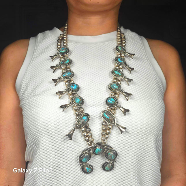 60s-70's Bisbee turquoise vintage Navajo sterling silver squash blossom necklace