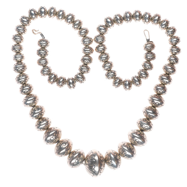 27.5" SW Navajo Pearl hand stamped/handmade beaded sterling silver necklace