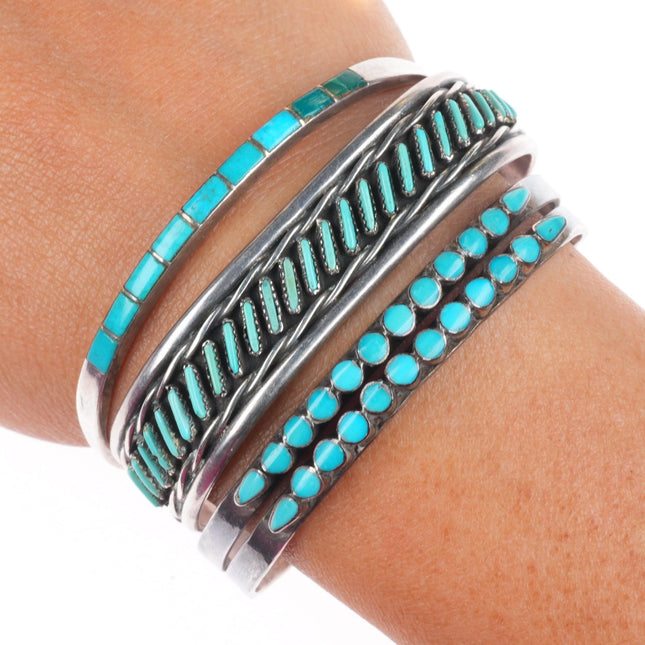 6.25" Vintage Zuni sterling silver turquoise inlay/needlepoint cuff bracelets