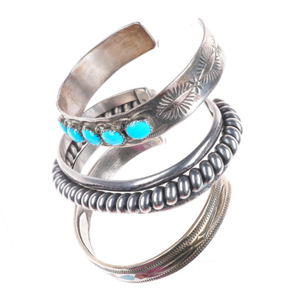 6.3" Vintage Navajo sterling silver row/chip inlay turquoise cuff bracelets