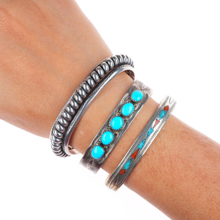 6.3" Vintage Navajo sterling silver row/chip inlay turquoise cuff bracelets