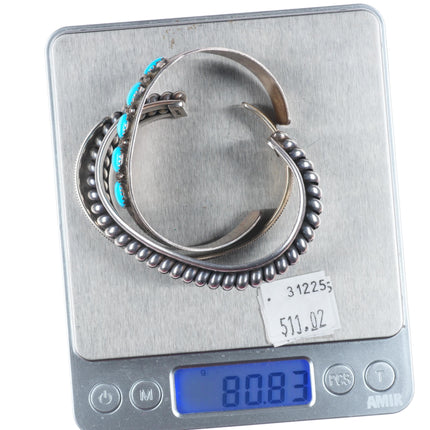 6.3" Vintage Navajo sterling silver row/chip inlay turquoise cuff bracelets