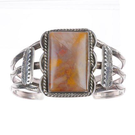 6.75 1940's Navajo sterling silver petrified wood agate cuff bracelet 3 shank