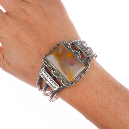 6.75 1940's Navajo sterling silver petrified wood agate cuff bracelet 3 shank