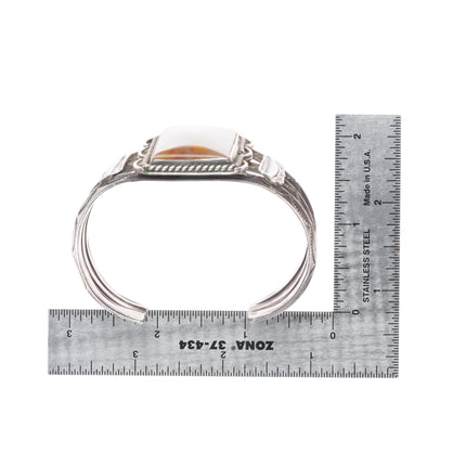 6.75 1940's Navajo sterling silver petrified wood agate cuff bracelet 3 shank