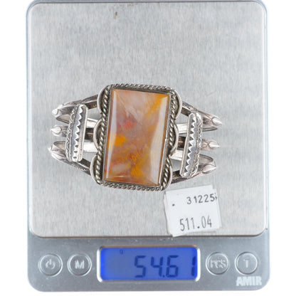 6.75 1940's Navajo sterling silver petrified wood agate cuff bracelet 3 shank