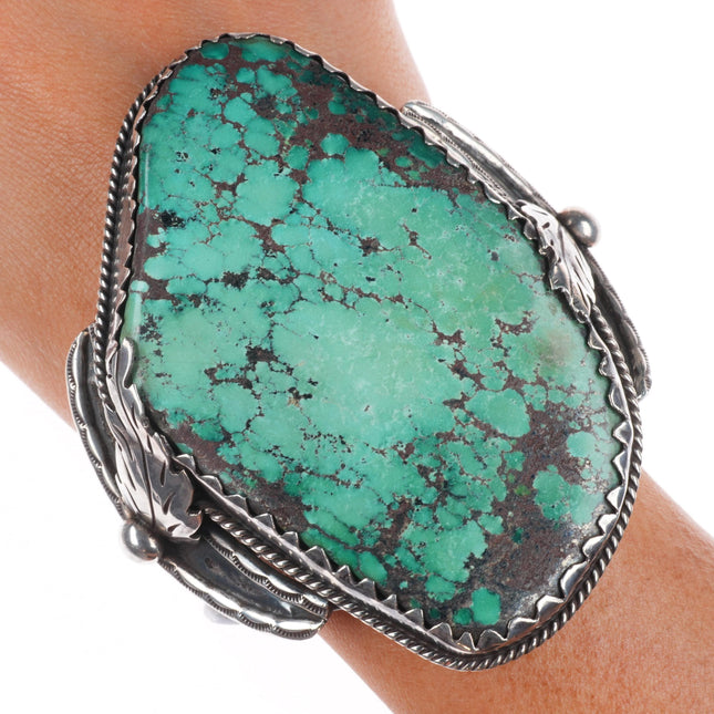 7" Huge Vintage Navajo sterling silver green turquoise slab cuff bracelet