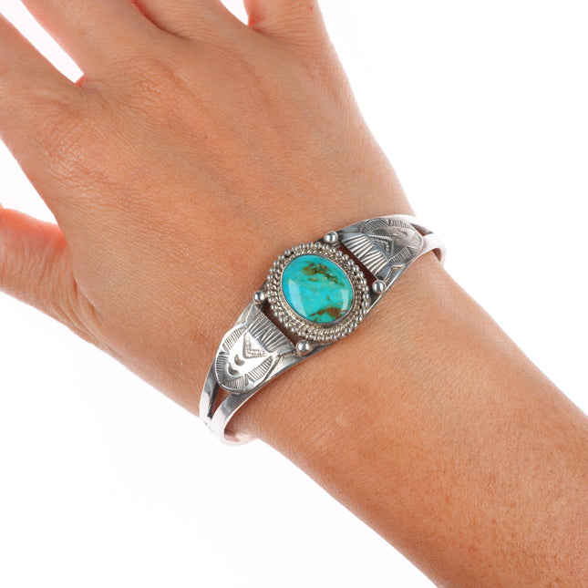 6.75" c1940's Navajo sterling silver hand stamped cuff bracelet with turquoise
