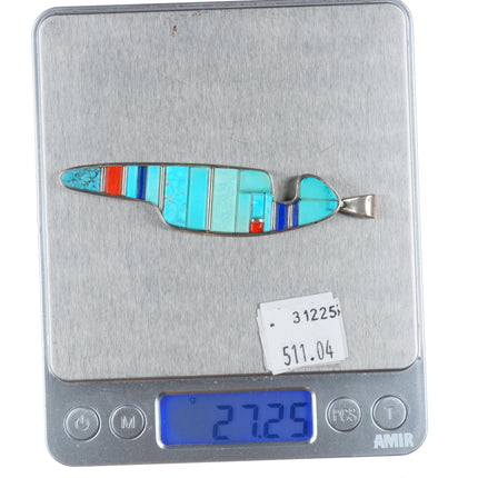 Sherian Honhongva Hopi turquoise, coral sterling silver corn row pendant