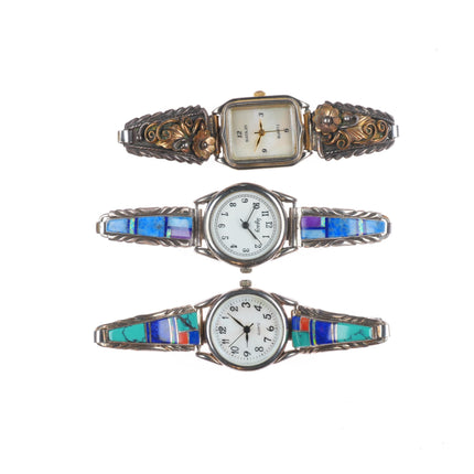 3 Vintage Navajo sterling silver turquoise/channel inlay/gold fill watch tips
