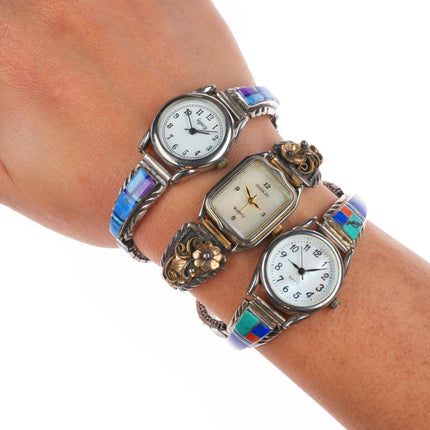 3 Vintage Navajo sterling silver turquoise/channel inlay/gold fill watch tips
