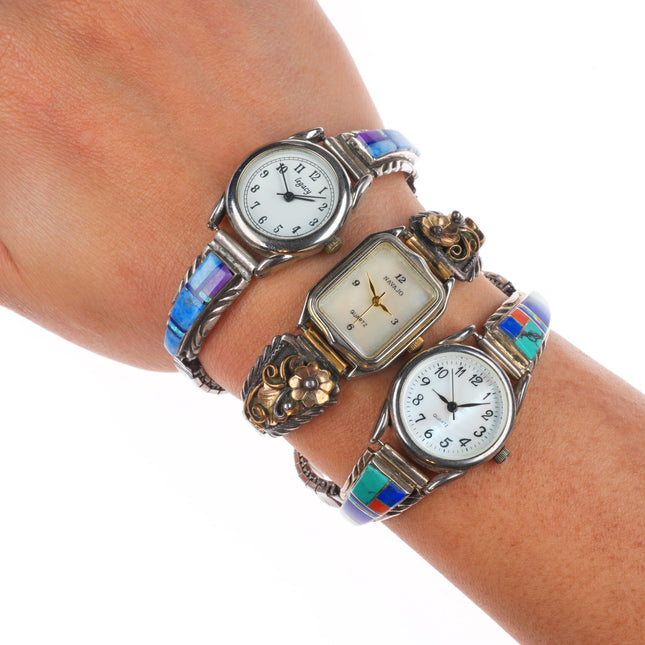 3 Vintage Navajo sterling silver turquoise/channel inlay/gold fill watch tips