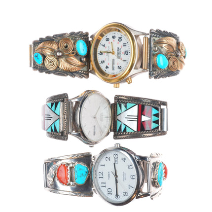 3 Vintage Navajo/Zuni sterling silver watch tips gold filled channel inlay