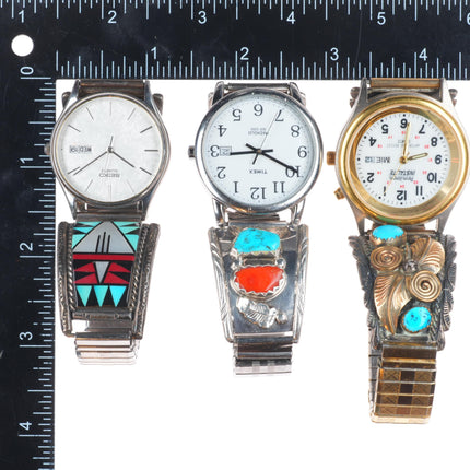 3 Vintage Navajo/Zuni sterling silver watch tips gold filled channel inlay