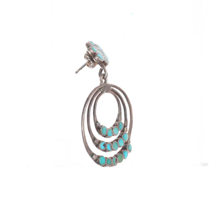 c1940's Vintage Dishta Zuni sterling silver turquoise flush inlay 3 hoop earring