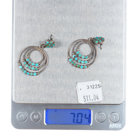 c1940's Vintage Dishta Zuni sterling silver turquoise flush inlay 3 hoop earring