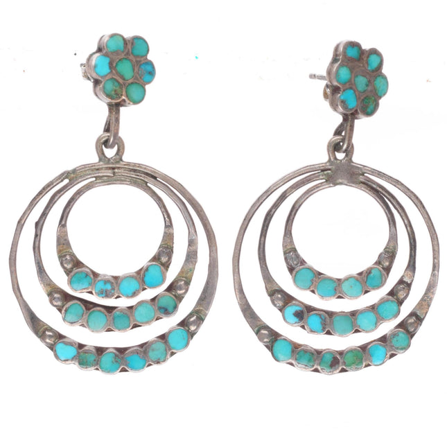 c1940's Vintage Dishta Zuni sterling silver turquoise flush inlay 3 hoop earring