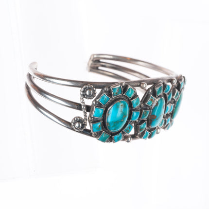 6.5" c1940 Zuni Blue Gem Turquoise sterling silver  square cluster cuff bracelet