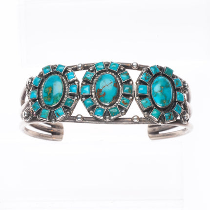 6.5" c1940 Zuni Blue Gem Turquoise sterling silver  square cluster cuff bracelet
