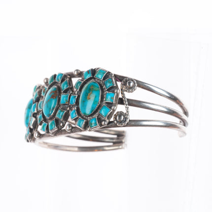 6.5" c1940 Zuni Blue Gem Turquoise sterling silver  square cluster cuff bracelet