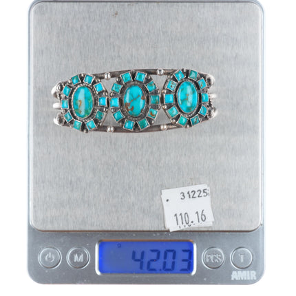 6.5" c1940 Zuni Blue Gem Turquoise sterling silver  square cluster cuff bracelet