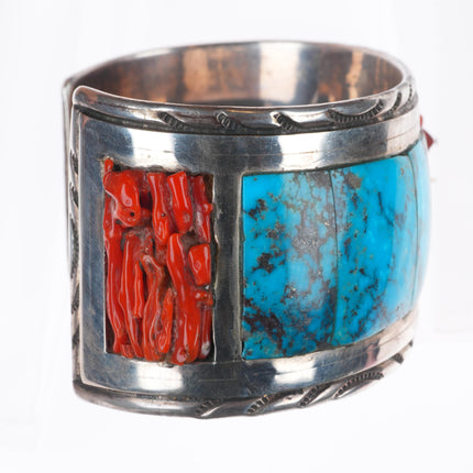 7.25" Wayne Paquin Zuni sterling silver turquoise/coral inlay cuff bracelet