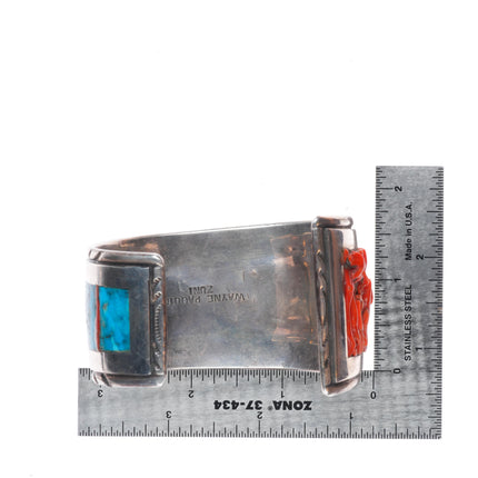 7.25" Wayne Paquin Zuni sterling silver turquoise/coral inlay cuff bracelet