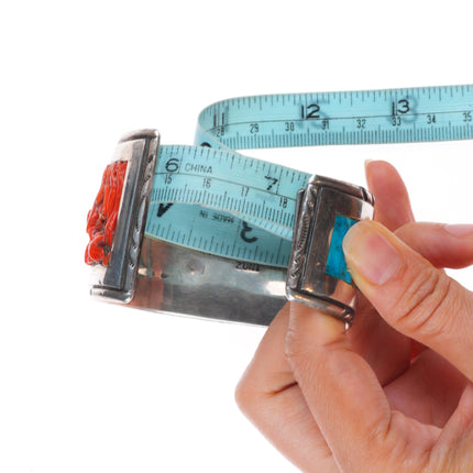 7.25" Wayne Paquin Zuni sterling silver turquoise/coral inlay cuff bracelet