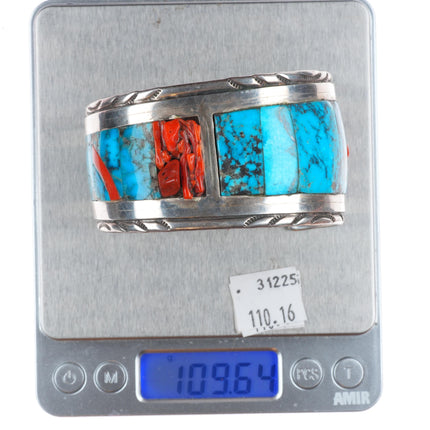 7.25" Wayne Paquin Zuni sterling silver turquoise/coral inlay cuff bracelet