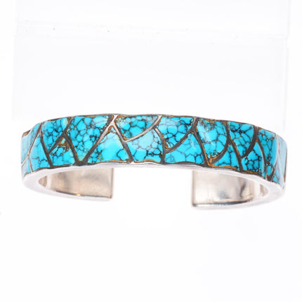 6.6" c1940 Zuni #8 spiderweb Turquoise sterling silver inlay cuff bracelet
