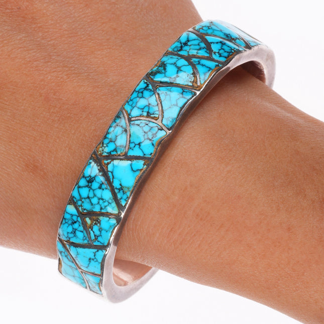 6.6" c1940 Zuni #8 spiderweb Turquoise sterling silver inlay cuff bracelet