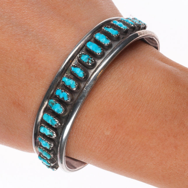 6.6" Vintage Zuni sterling silver carved turquoise row cuff bracelet