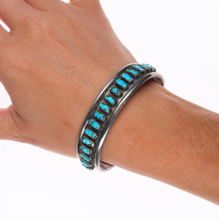 6.6" Vintage Zuni sterling silver carved turquoise row cuff bracelet